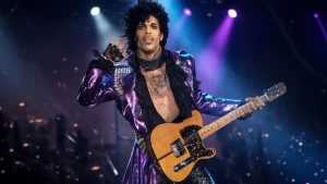 Prince na koncertu sa gitarom u prepoznatljivom stilu