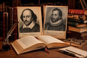Knjige otvorene na stolu sa portretima Shakespearea i Cervantesa