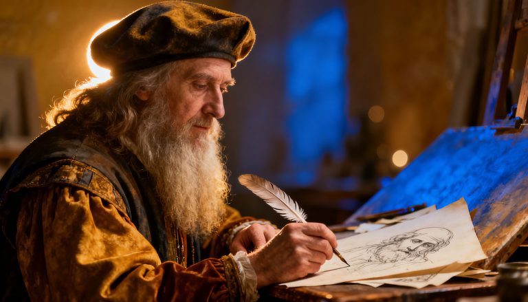 Portret Leonarda da Vincija u renesansnom stilu sa skicama u pozadini